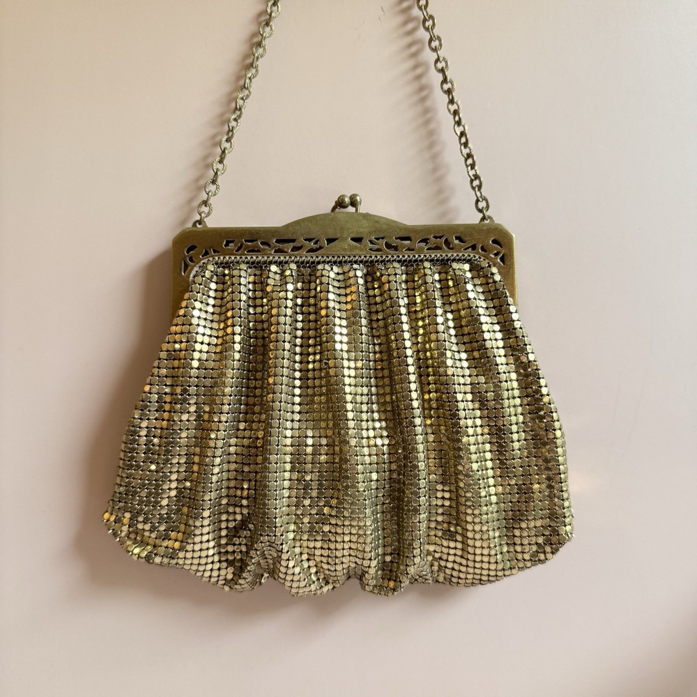 Whiting & Davis Gold Mesh Evening Bag Purse Filigree Frame USA Signed Art Deco